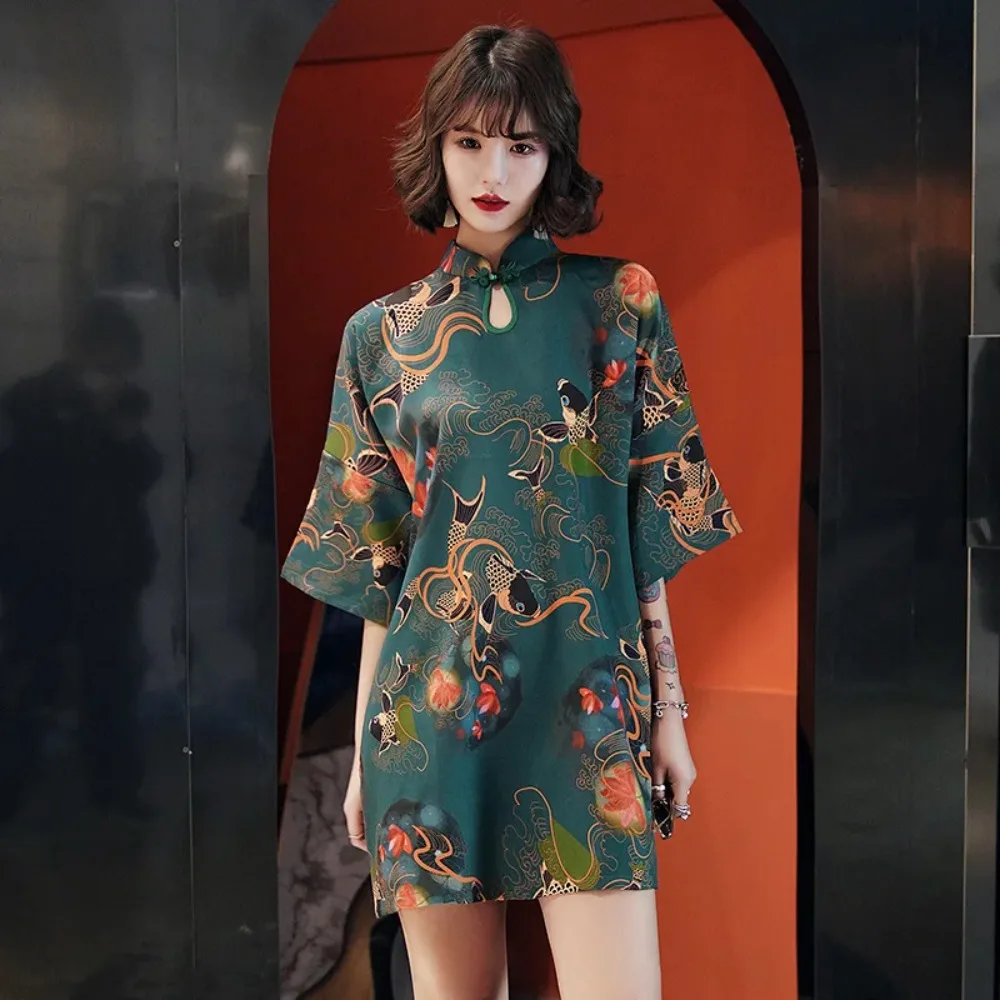 

Qipao Dress Traditional Chinese Hanfu Qi Pao Women Retro Cheongsam Girl Japanese Harajuku Style Vintage Carp Crane Printed Party