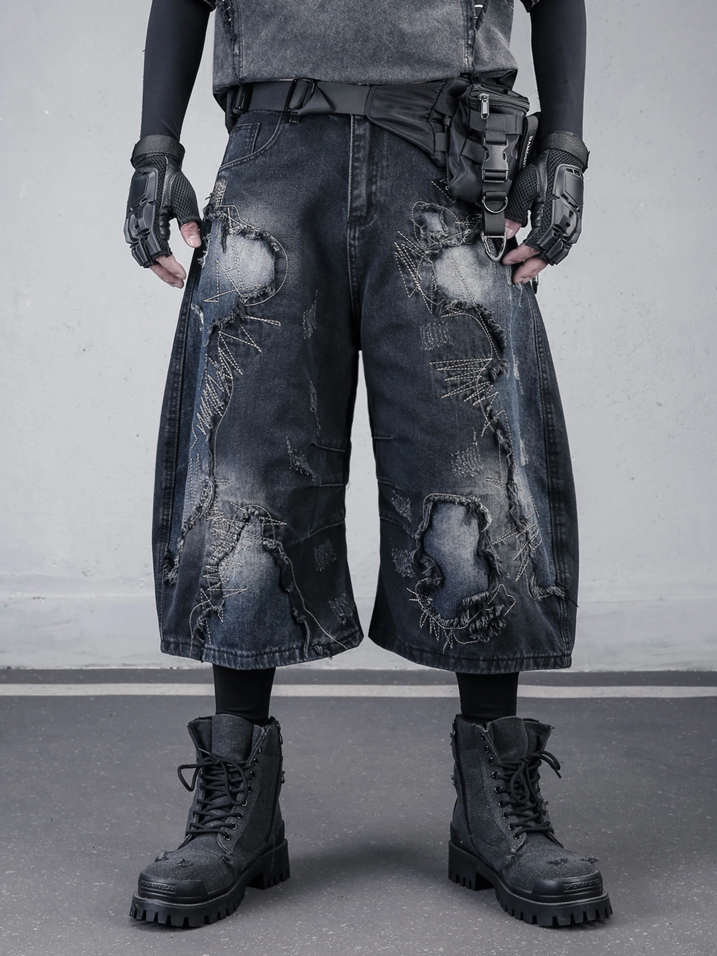 Heavy Duty Distressed Patchwork Embroidered Frayed Knife Jeans Loose Seven-Foot Wide Leg Pants Cotton Casual Summer Shorts