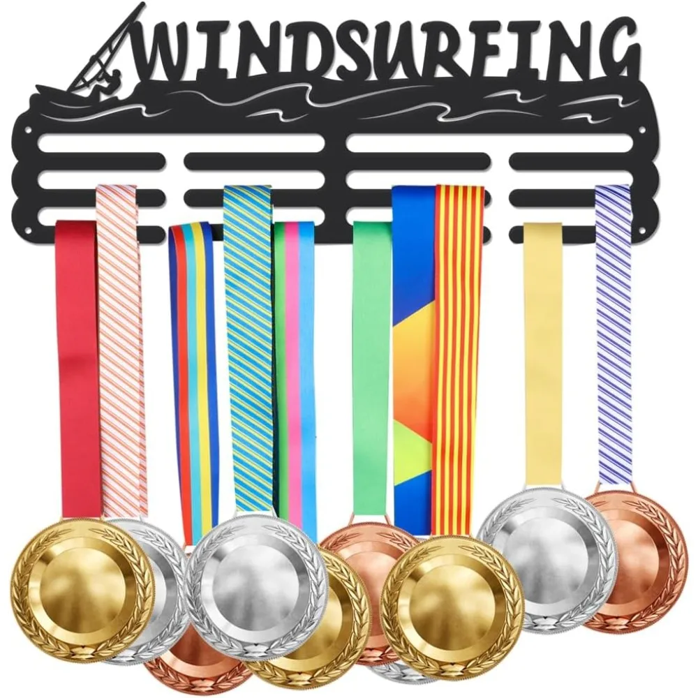 

Windsurfing Medal Holder Display Sailing Hanger Rack Frame Water Sports Black Sturdy Steel Metal Wall Mounted Over 60 Medals