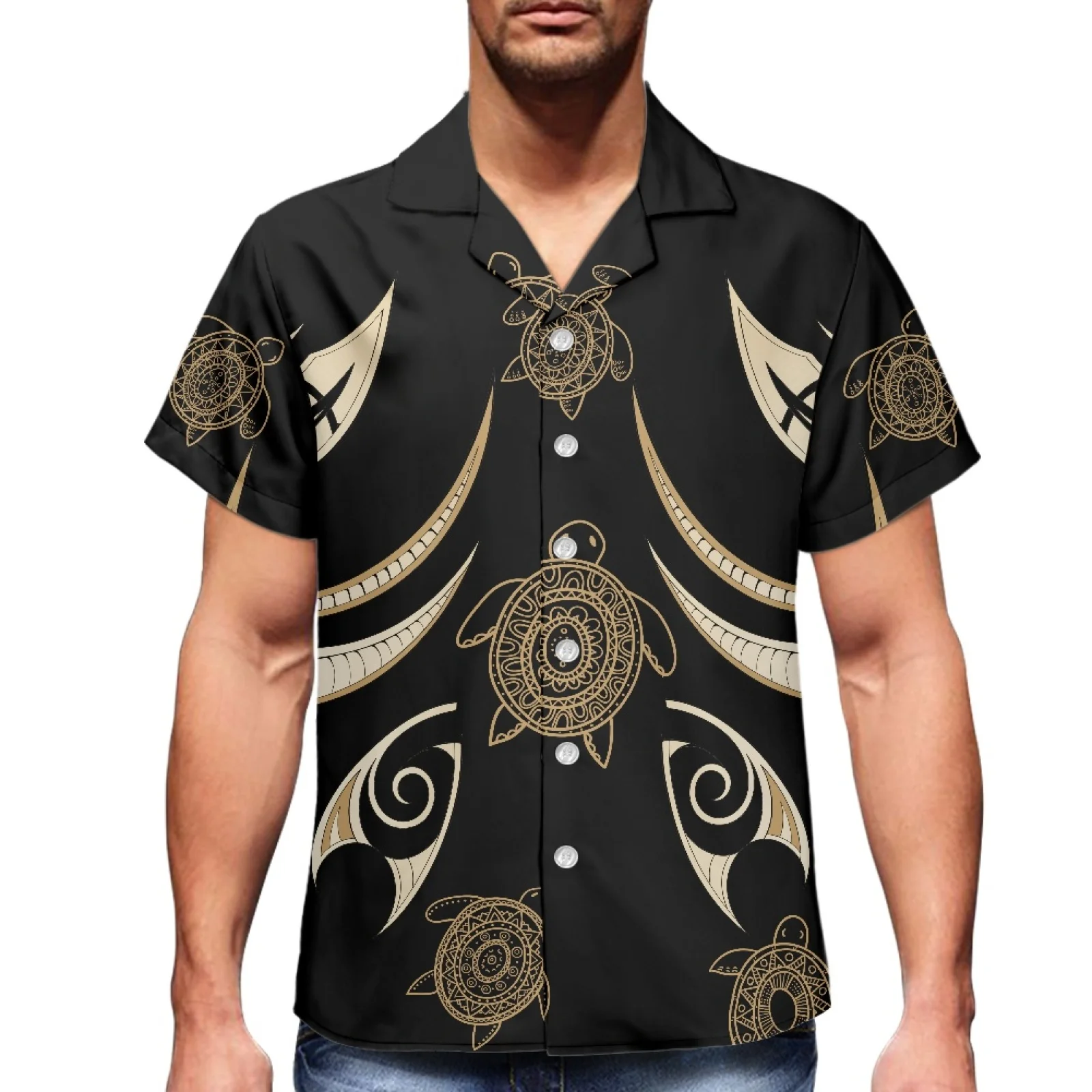 Brown Tattoo Traditional Print Polynesian Summer 2023 Men's Luxury Hawaiian Sport Shirt Men's Shirt V-Neck Men's Short Sleeve