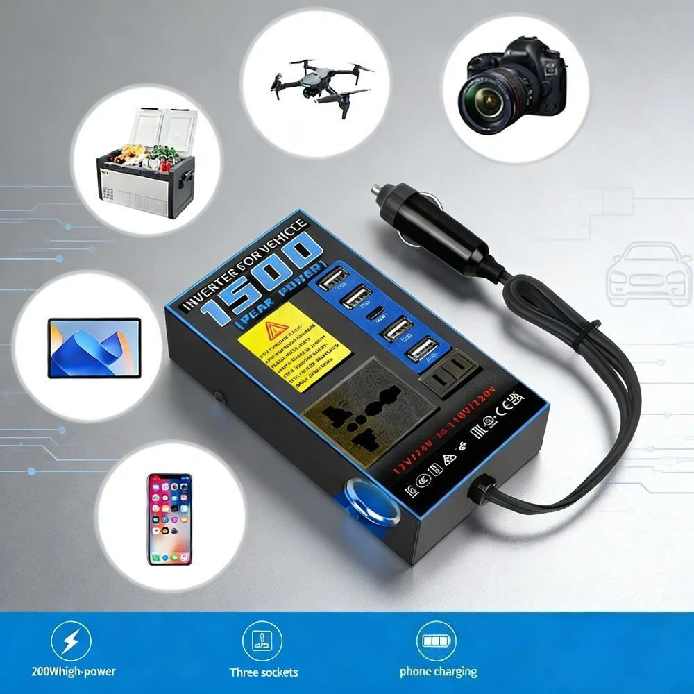 FESTBERG 200W Car Power Inverter DC 12V/24V to AC 110V/220V USB Type-C Port Voltage Transformer for Laptop Phone Car Charger