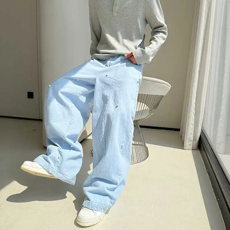 

Мужские джинсы с высокой талией, свободного кроя, светло-голубые, ручной работы, с декором из страз, прямые, широкие штанины, тонкие, премиум-класса