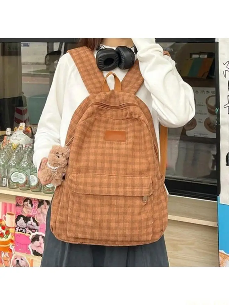

X90D Teens Harajuku Backpack School Bag Corduroy Lattice Backpack Travel Backpack
