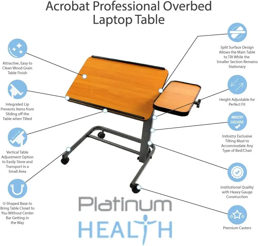 Health Acrobat Professional Overbed/Laptop Table, Tilting Mast, Height Adjustable with Casters. Split Top and Folds