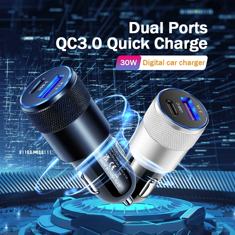 3.1A 15W Small Steel Cannon Car Charger Cigarette Lighter Dual USB Type C Fast Charging Car Mobile Phone Adapter Car Accessories