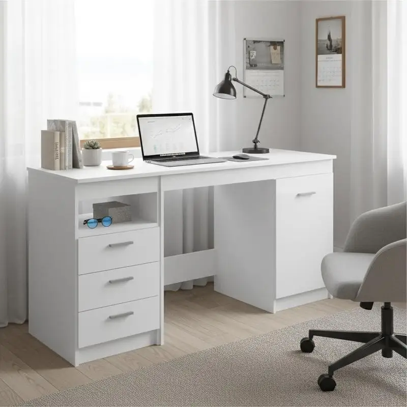 Schreibtisch mit integriertem Aufbewahrungsschrank – Modernes Design für Büro und Home-Office – Langlebiges Holzmaterial – Mit Schubladen und Tür