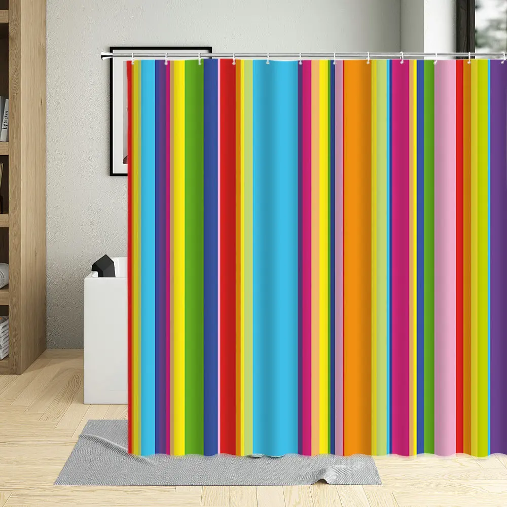 Waterproof Polyester Fabric Shower Curtain with Hooks, Rainbow, Colorful Stripe, Texture Printing, Bathroom Screen, Bath Screen