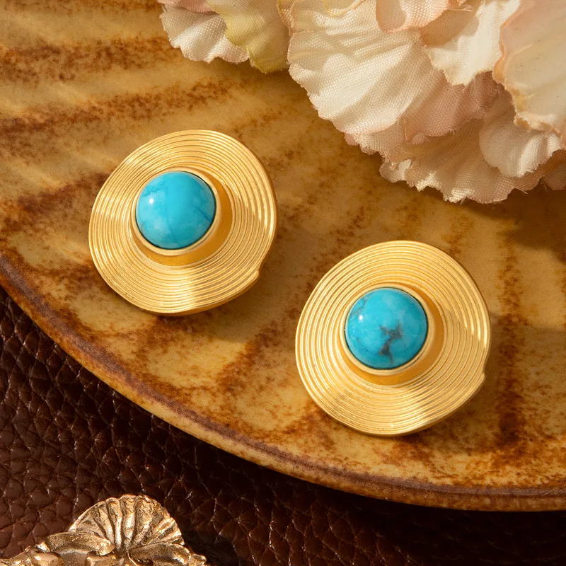 

Middle-aged New in Vintage Brushed Turquoise Bead Stud Earrings Versatile Design in Autumn Winter, Summer Holiday Vacation Style