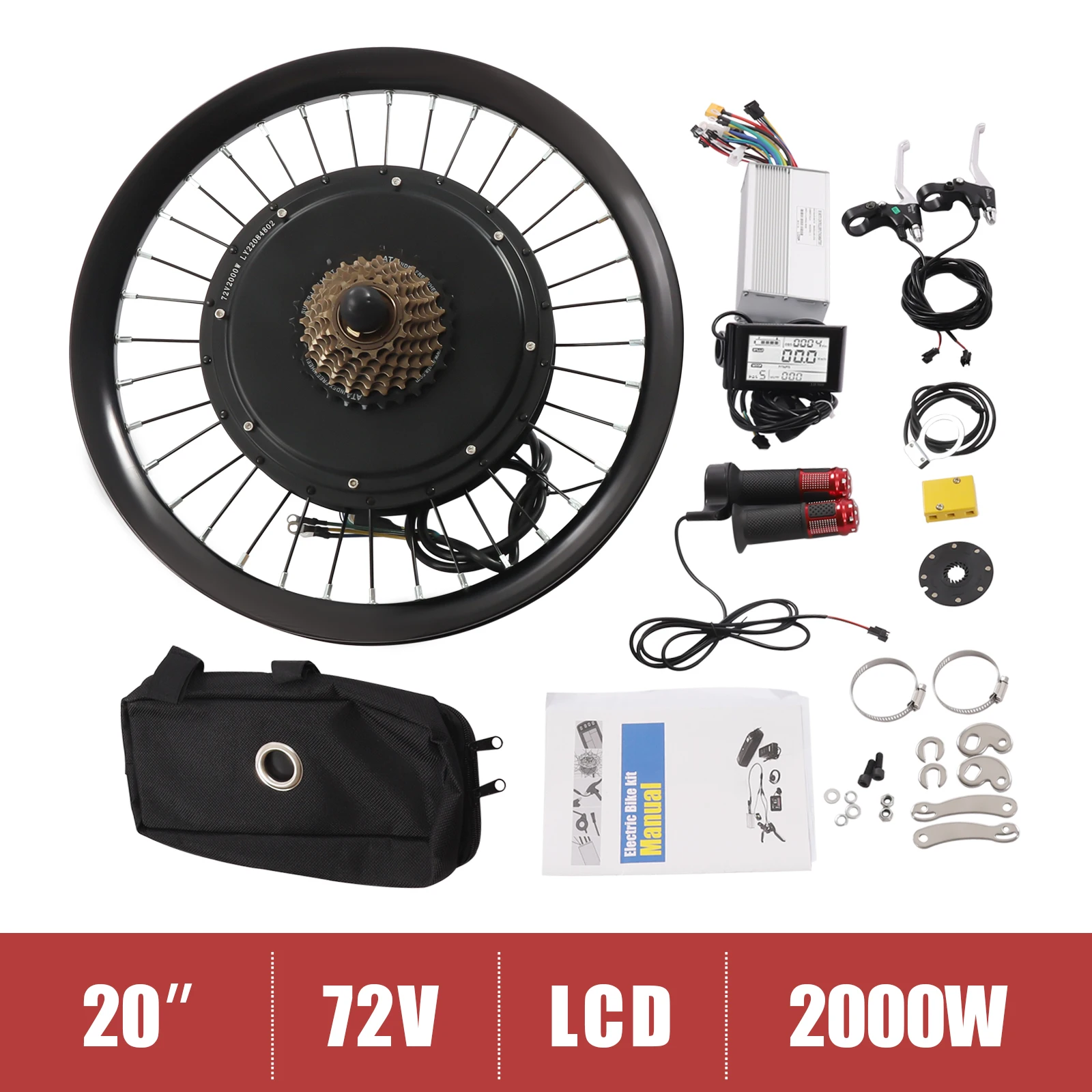 Kit di conversione bicicletta LCD ruota posteriore da 20 pollici 72V Kit bici elettrica ad alta potenza da 2000 W con display LCD Motore brushless 560 giri/min