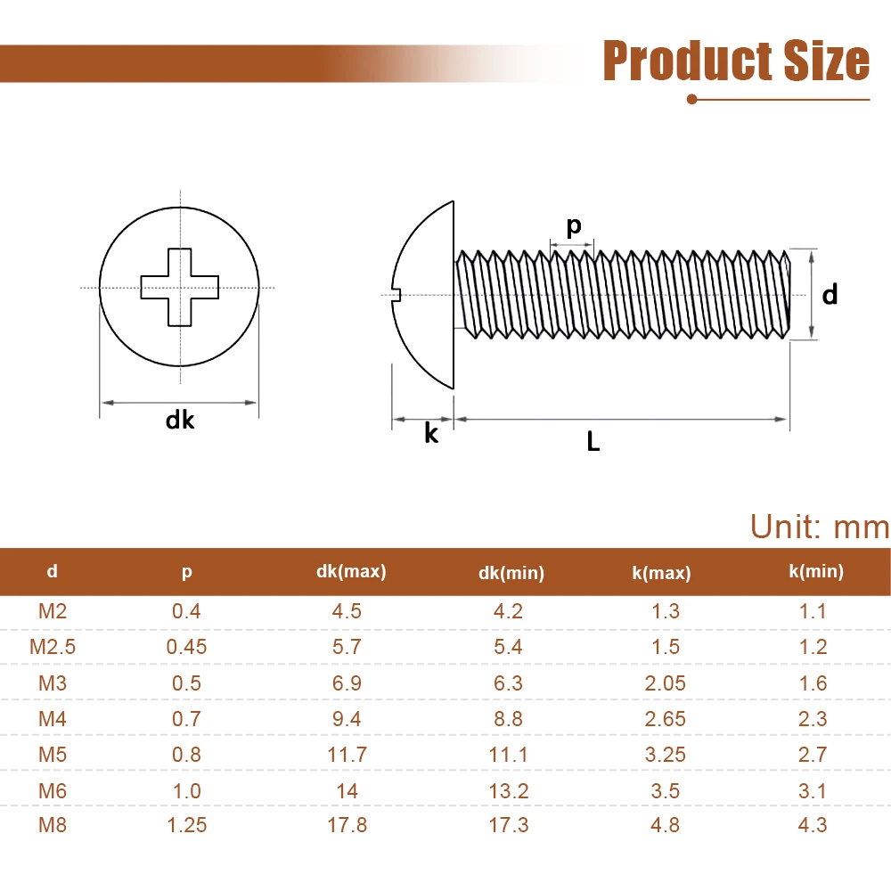 5-50 szt./worek Śruba maszynowa z łbem grzybkowym krzyżowym M2 M3 M4 M5 M6 M8 ze stali nierdzewnej 304, śruba z łbem grzybkowym Phillips do mebli