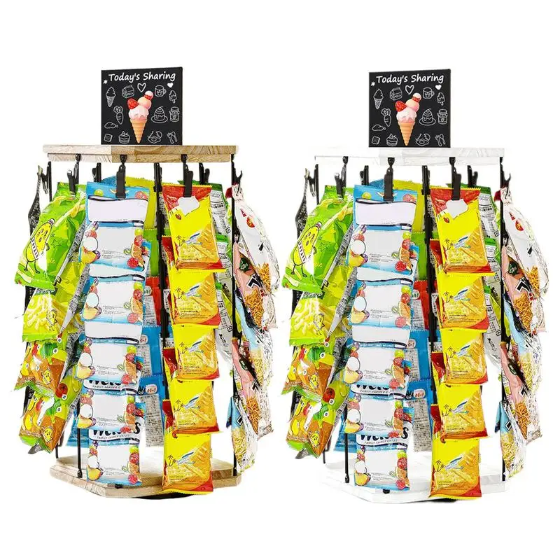 

5 Tiers 40 Clips 360 Rotating Storage Organizer with Message Board Chip Rack Organizer Snack Holder for Stores Countertop Party