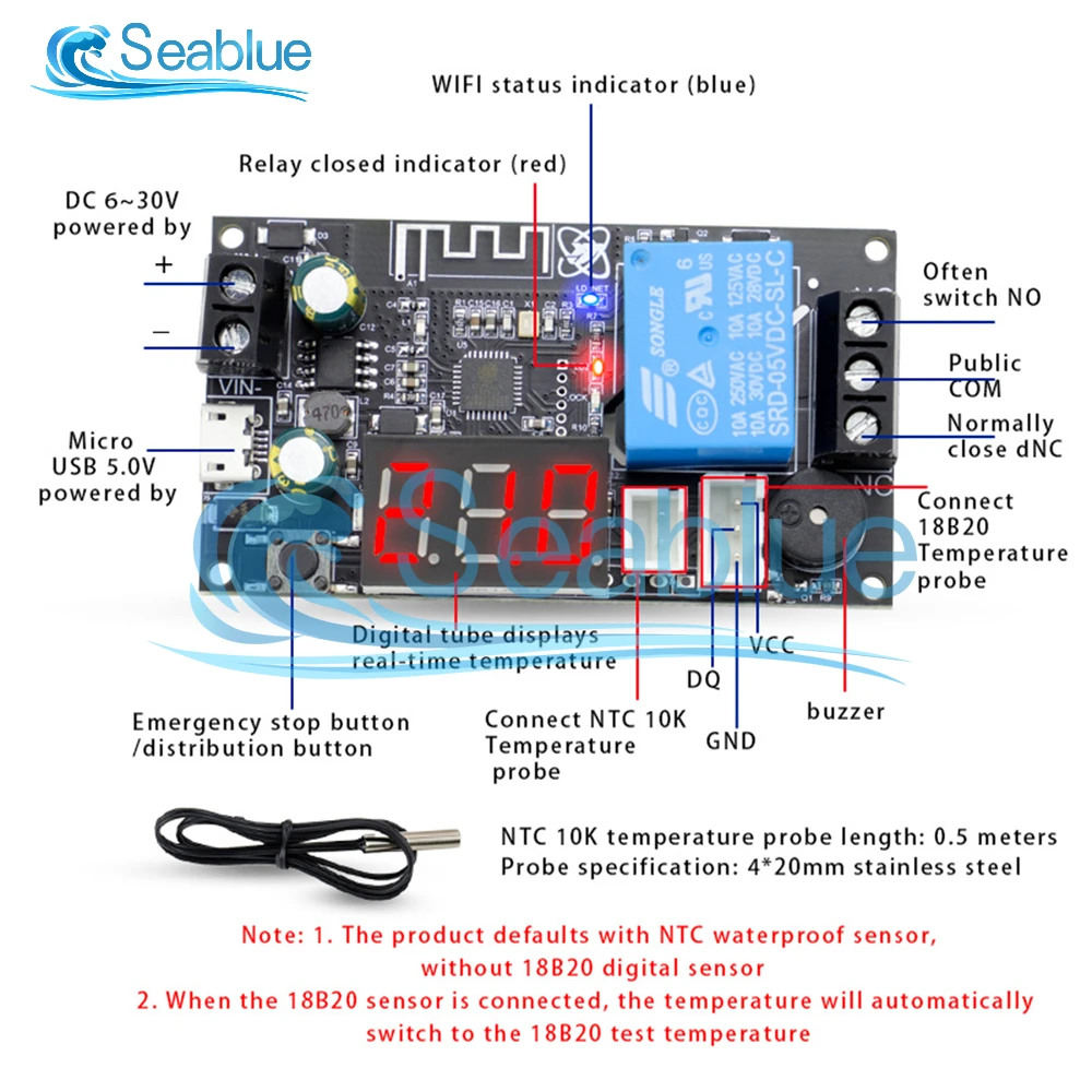 DC 6-30V WFTX WIFI Remote Thermostat High Precision Temperature Controller Module Cooling and Heating APP Temperature Collection