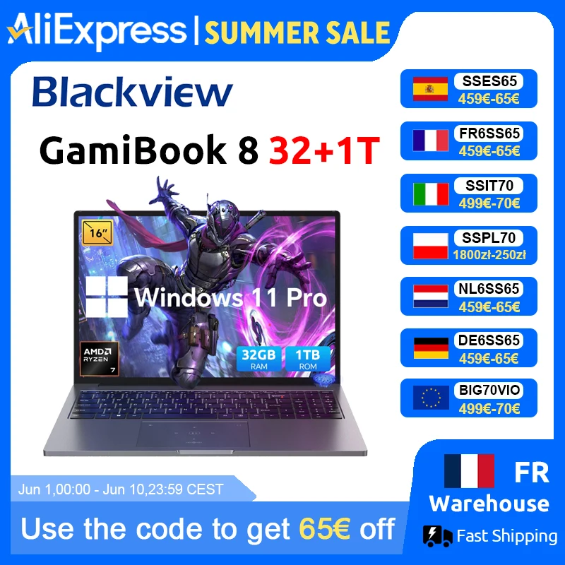 Blackview ‎GamiBook 8 AMD R7 7735HS 16" 5000MAH Laptop 16GB LPDDR5 RAM 512GB ROM Windows 11Pro BT5.2 Wifi 6 Backlit Keyboad