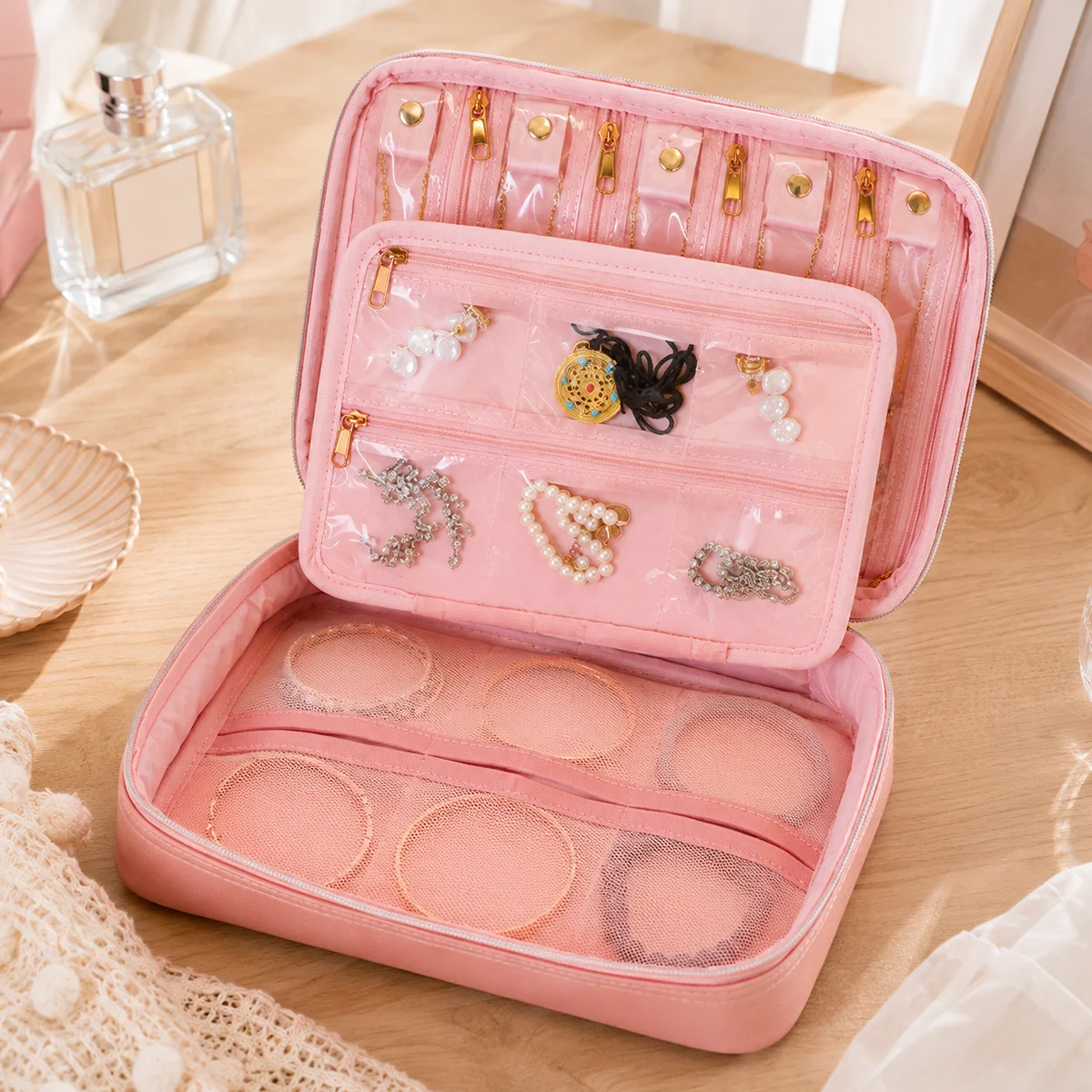 Portable Travel Jewelry Storage Bag for Women, Multi-Layer Waterproof Nylon Jewelry Organizer with Clear Compartments
