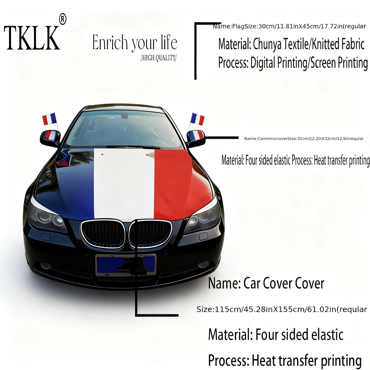 France Hood Flag Cover 155 Cm X 115 Cm, Patriotic Car, for Car Decor, French Flag Car Hat Banner Decoration Accessory