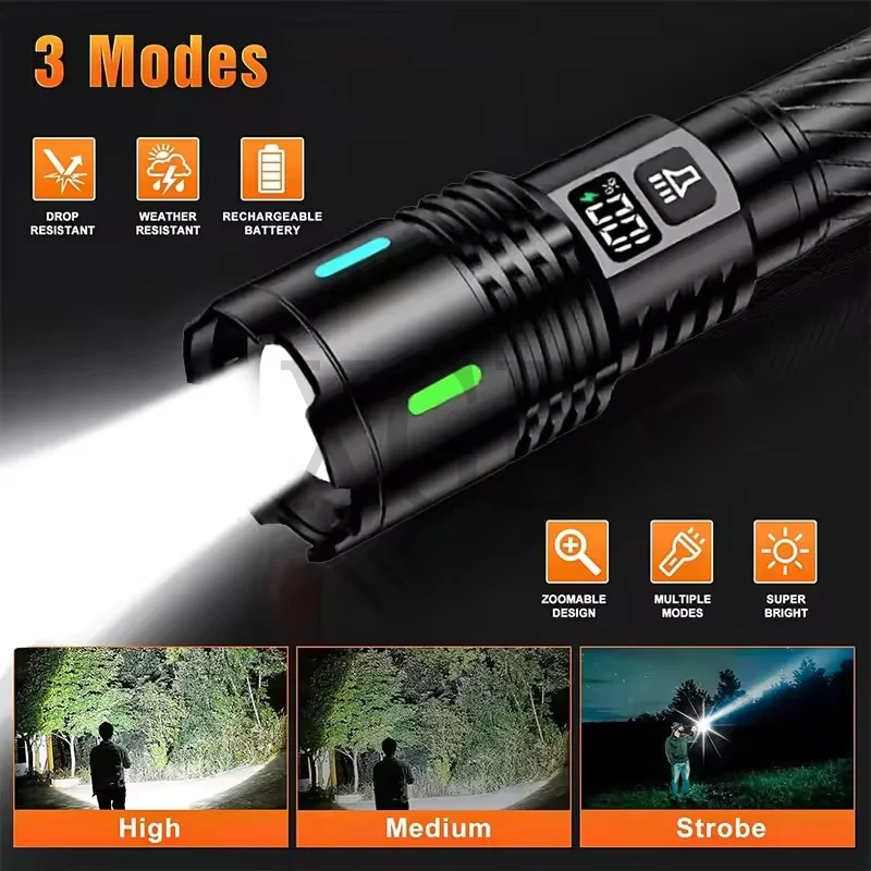 Lanterna LED recarregável ultra poderosa com bateria 18650 Tocha tática à prova d'água com zoom e display LCD de energia