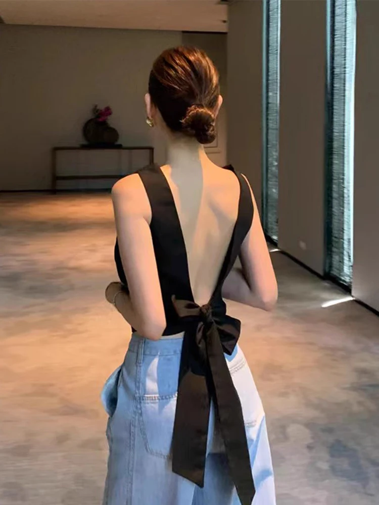 

Chic Summer Women's Shirt Vest Knot Folding Design All-Match Backless Design Casual Business Style Sleeveless Top