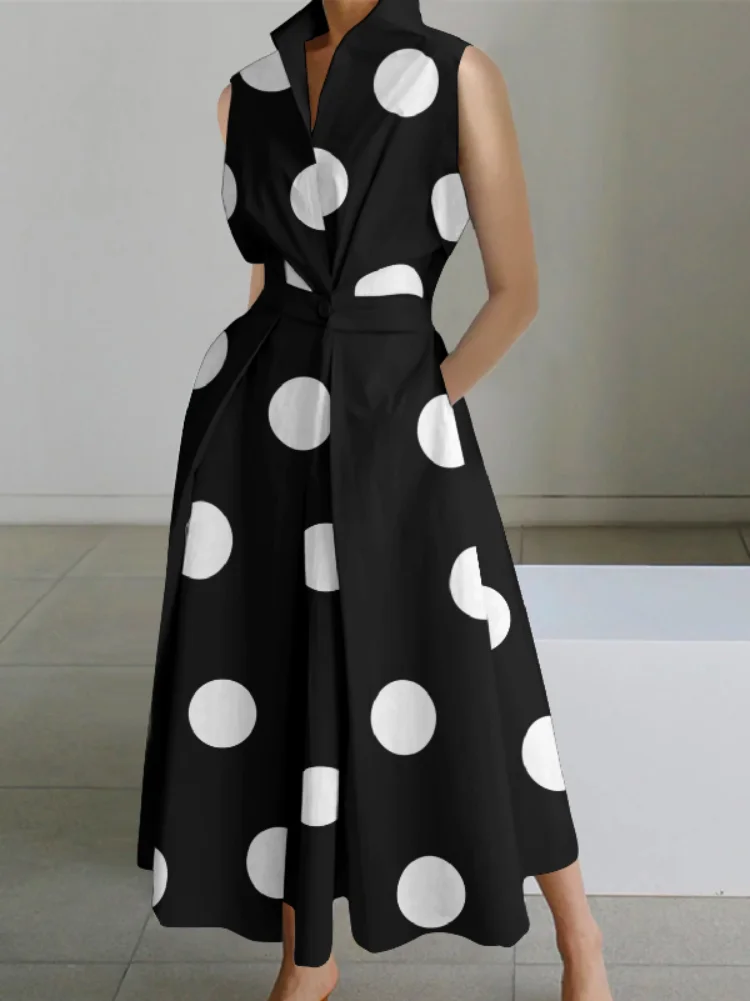 Office Lady Elegant Polka Dot A-line Dress Summer Sleeveless Lapel Collar Evening Midi Dresses for Women 2023 New