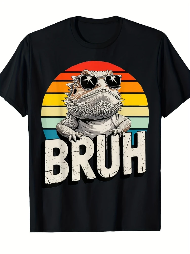 Featuring a Humorous Graphic of a Gaming Bearded Dragon-100% cotton summer casual O-neck short sleeve printed men's T-shirt.