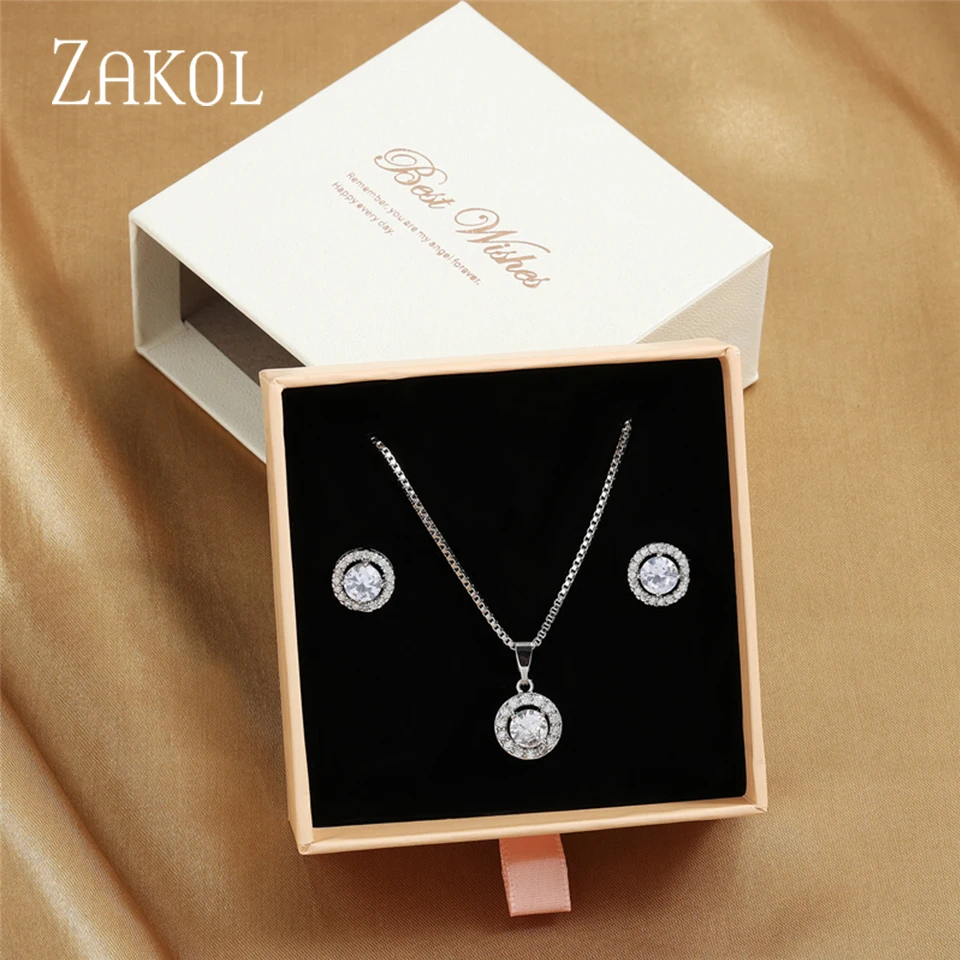 ZAKOL Fashion Cute Clear Round AAA Zircon Earrings Necklace Set Charm Jewelry Set Gift With Packaging Box