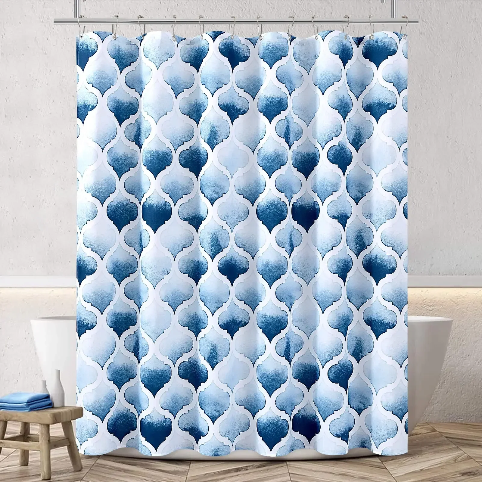 

Moroccan Shower Curtain Blue Watercolor Geometric Quatrefoil Shower Curtains for Bathroom Retro Texture Fabric Bathroom Curtain