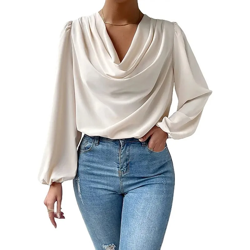 

Elegant Women's Shirts Fashion Blouse 2024 Spring Summer Chiffon Loose Draped Pile V-Neck Top Office Lady Solid Streetwear Shirt