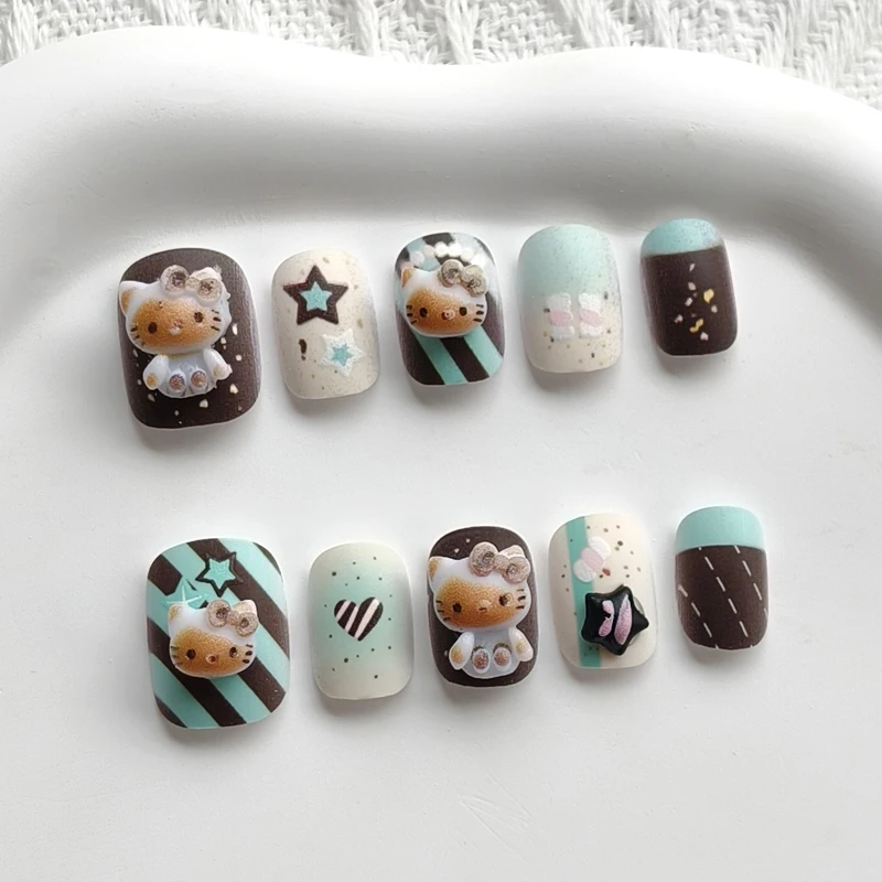 10 Uñas Postizas Cortas Francesas con Diseño de Hello Kitty, Asimétricas, Hechas a Mano, para Niñas, Manicura Decorativa