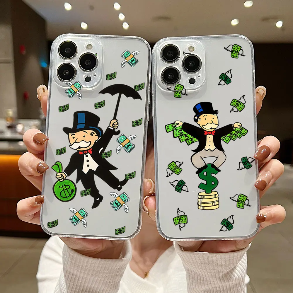 Cartoon Dollar Money Monopolys Phone Case For iPhone 15 14 13 12 11 Mini Pro Max X XR XSMax 6S 6 7 8 Plus SE20 Transparent Cover