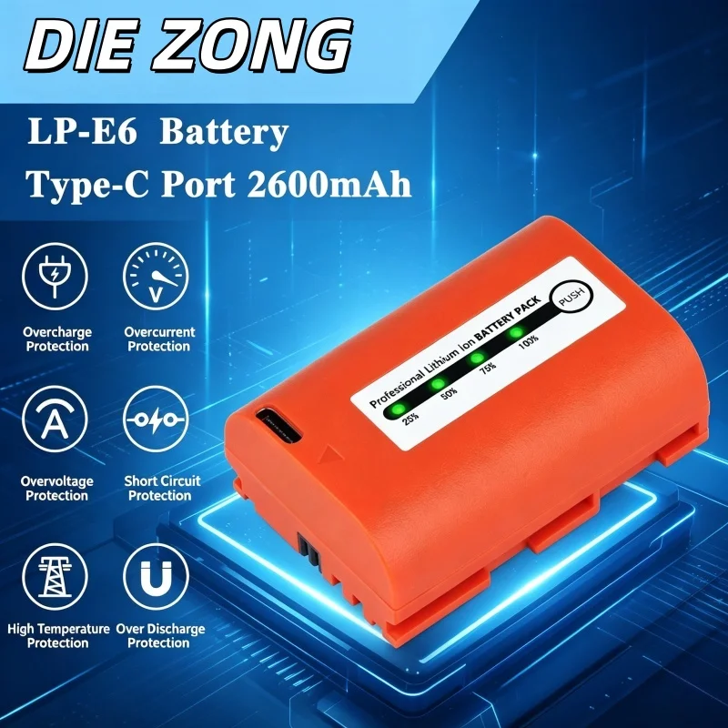 2600mAh LP-E6N LP-E6 Battery with Type-C Input for Canon EOS R7 R6 5D Mark II III 5DS 5DS R 60D 70D 80D 7D Mark II III