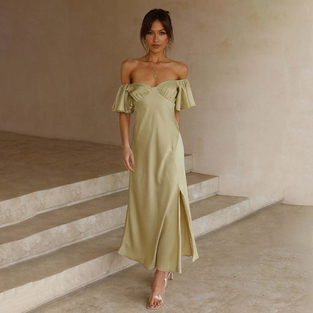 FIGOHR – robe longue en Satin pour femmes, élégante, épaules dénudées, Style français, manches beurre, fente latérale, 3 couleurs, été