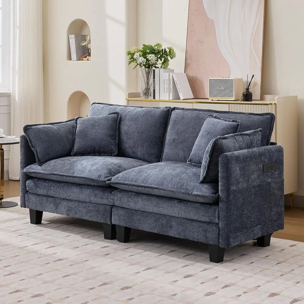 

75 Cloud-Soft Loveseat Couch with Deep Seat, USB & Type-C Ports, Blue Chenille Fabric