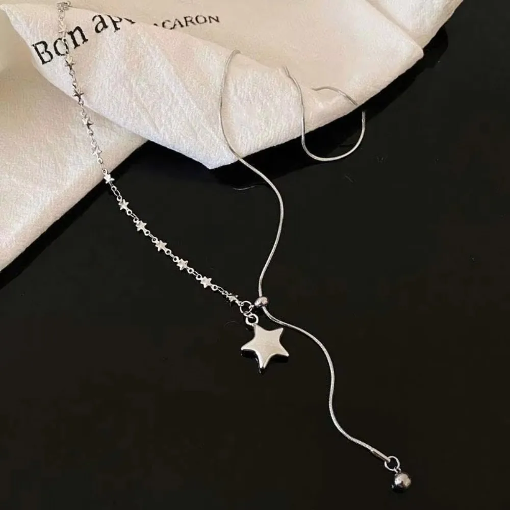 Fashion Silver Star Pendant Asymmetrical Design Tassel Detail Sweater Chain Pendant Style Long Length Punk Fashion Unisex