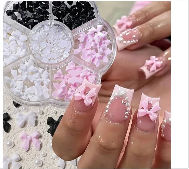 1 Box 3D Schwarz-Weiß-Rosa Schleifen-Nagelcharms Halbrunde Weiße Perlen Nagelstecker Strass Harz Flache Schleifenknoten Nagelzubehör 0,7 $ – Detail 2