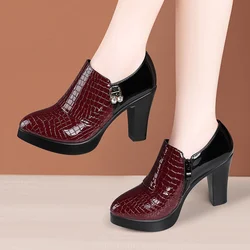 8cm Small Size 32-43 Elegant Deep Mouth Patent Leather Shoes Women Pumps Spring 2026 Block High Heels Shoes with Fur Office Mom