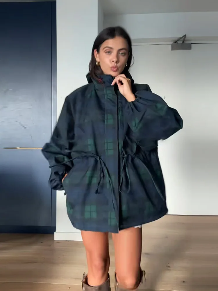 Windbreaker mit Kapuze für Damen, kariert, mit Reißverschluss, Kordelzug in der Taille, lange Ärmel, mit Taschen, marineblau, kurz geschnitten, locker, bequem, weich, schick, Herbst-Windbreaker – Detail 3