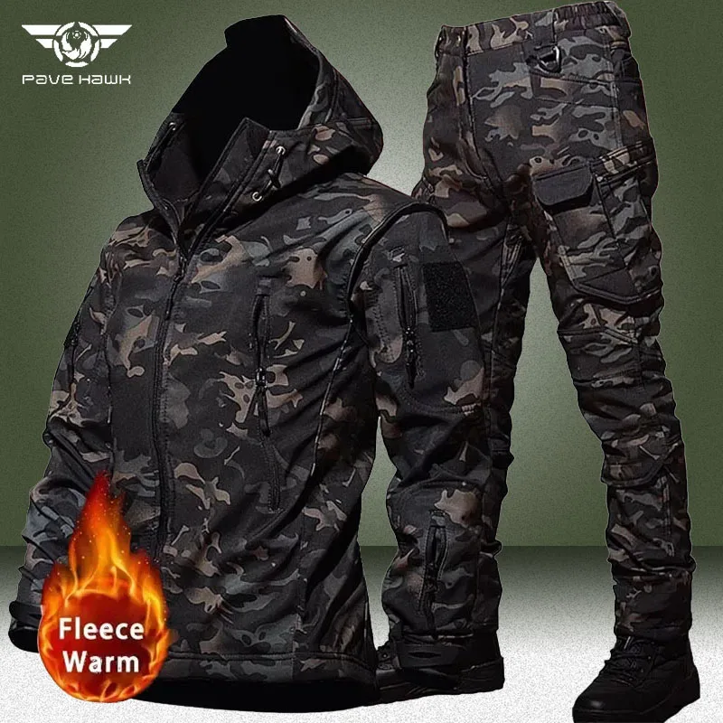 Camo Waterproof Cargo Sets Men Outdoor Soft Shell Hooded Jacket+Multi-pocket Straight Pant 2 Pcs Suits Winter Training Set