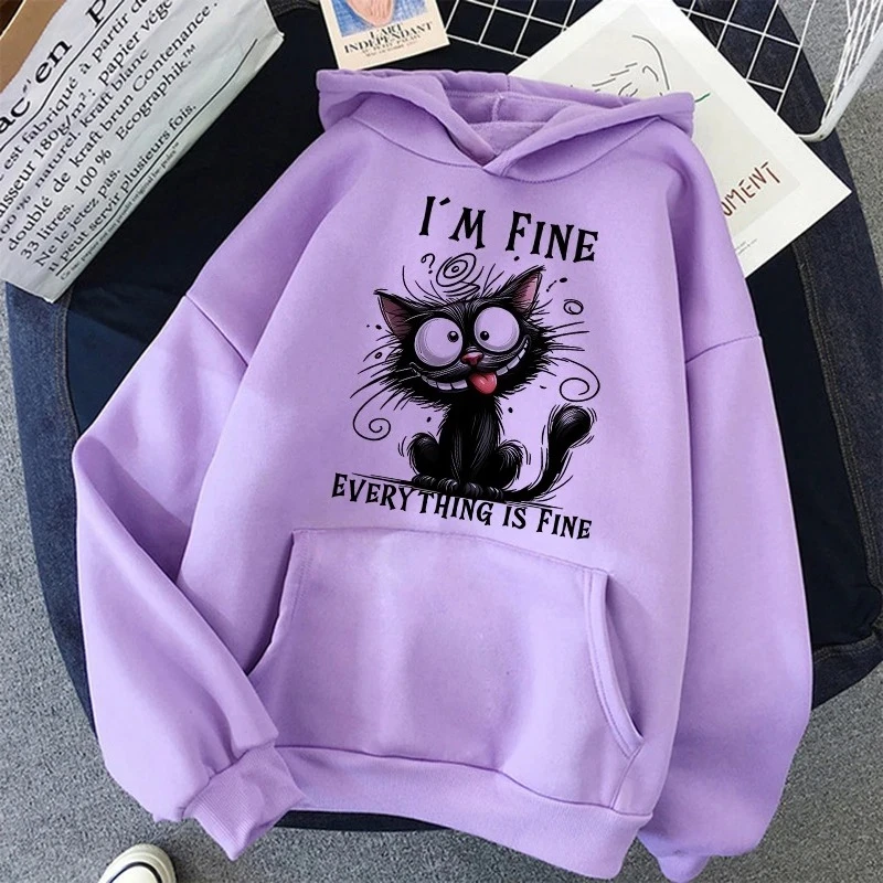 2025 Otoño Invierno Y2k sudaderas Casual ropa con capucha jerseys Kawaii estoy bien todo está bien gato sarcástico impreso Tops