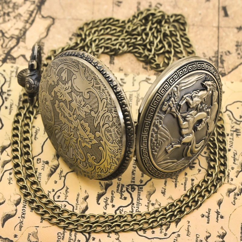 Steampunk Vintage Bronze Animal Horse Quartz Pocket Watch Necklace Pendant Clock Chain Men Women Chain Gift