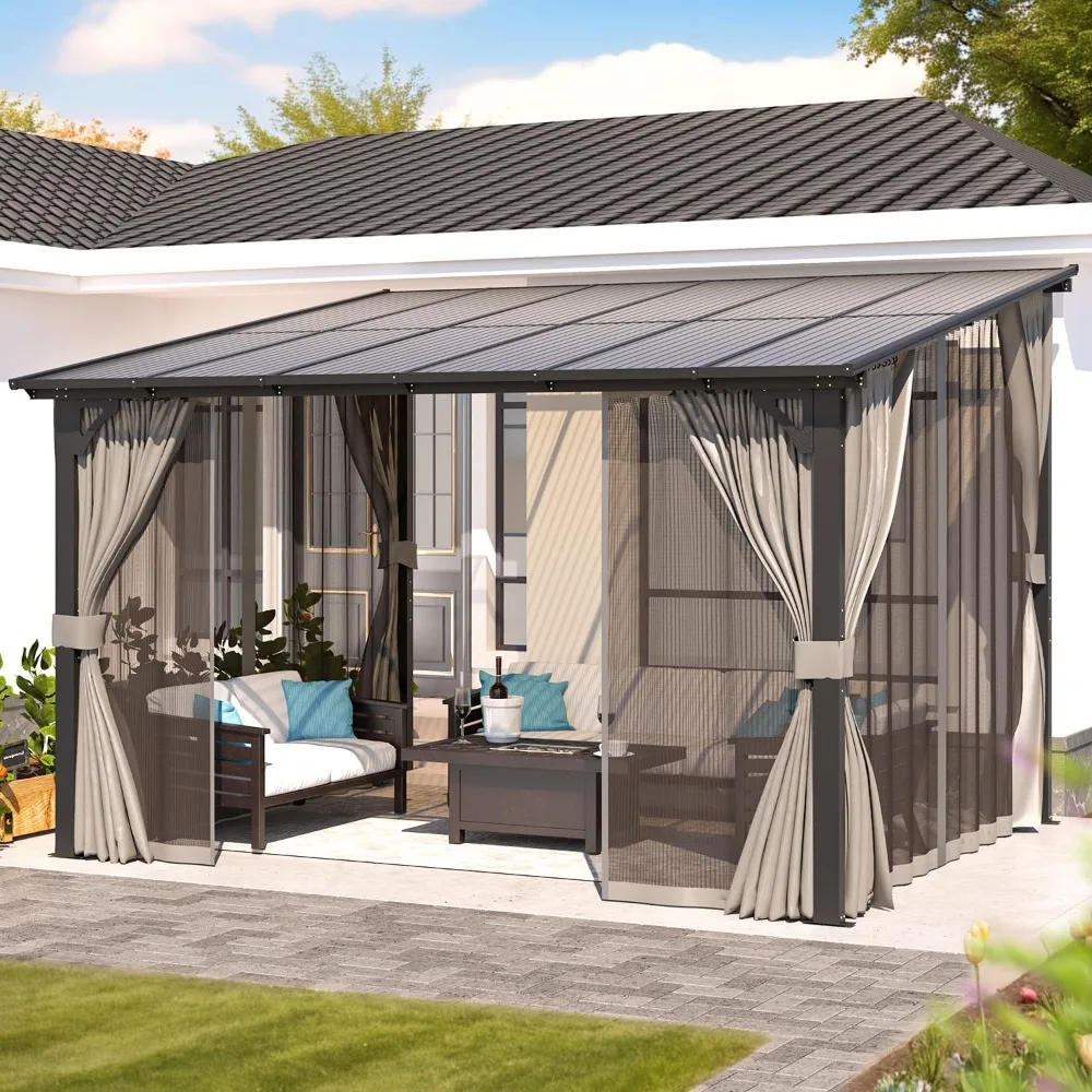 Wall Gazebo with Curtains and Mosquito Netting, Hard Top Gazebos Pergola on Clearance, Outdoor Patio Lean to Gazebo