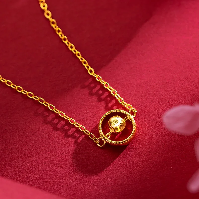 9999 Real Gold 24K Temperament Cat's Eye Gold Bead Clavicle Chain Flower Rotating Bead Bracelet Necklace Two-piece Set Female