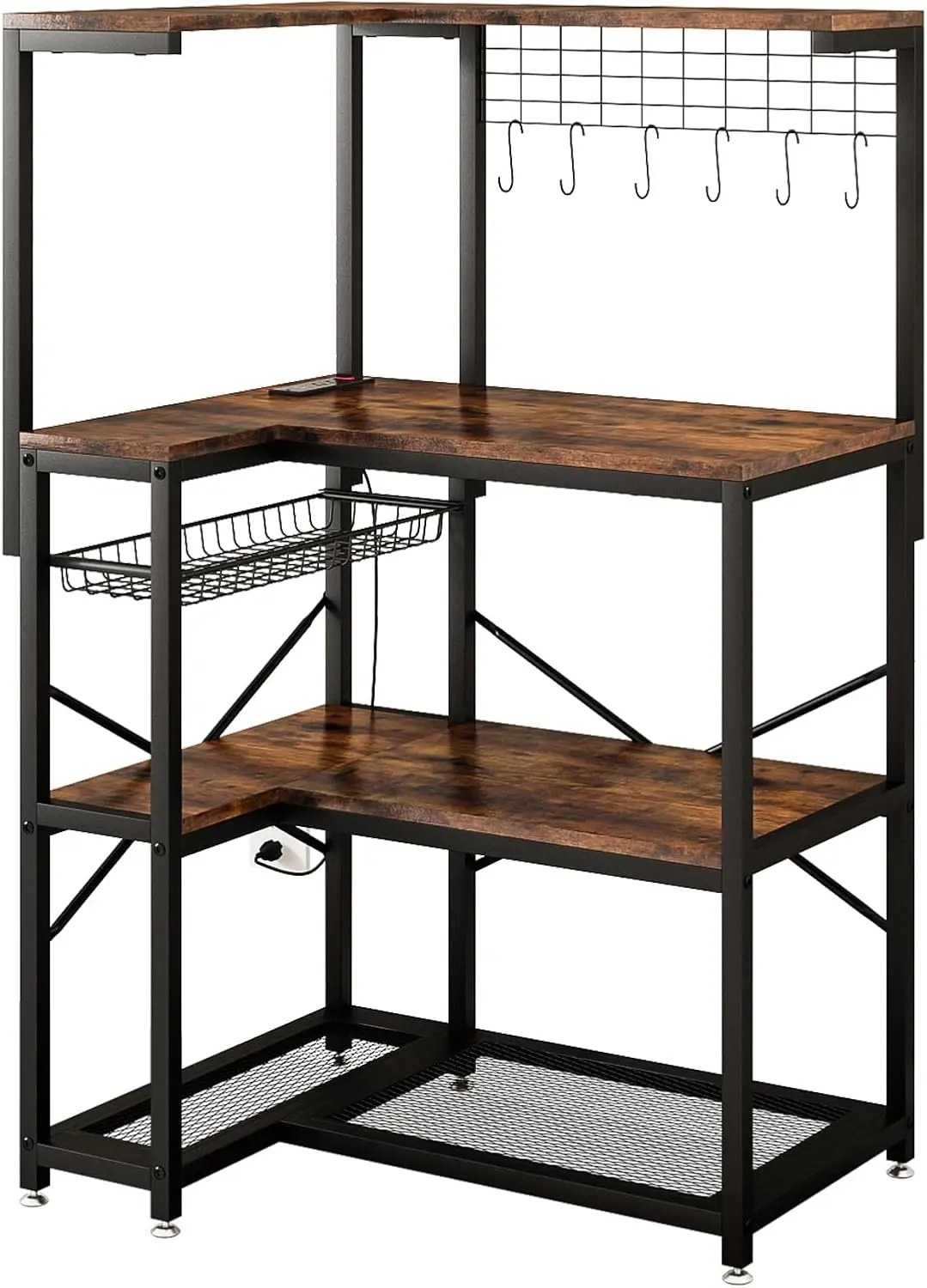 4 Tier L Shaped Bakers Rack Power Outlet Corner Coffee Bar Brown Kitchen Appliance Storage Pull Out Basket 6 Hooks Flexible Inst
