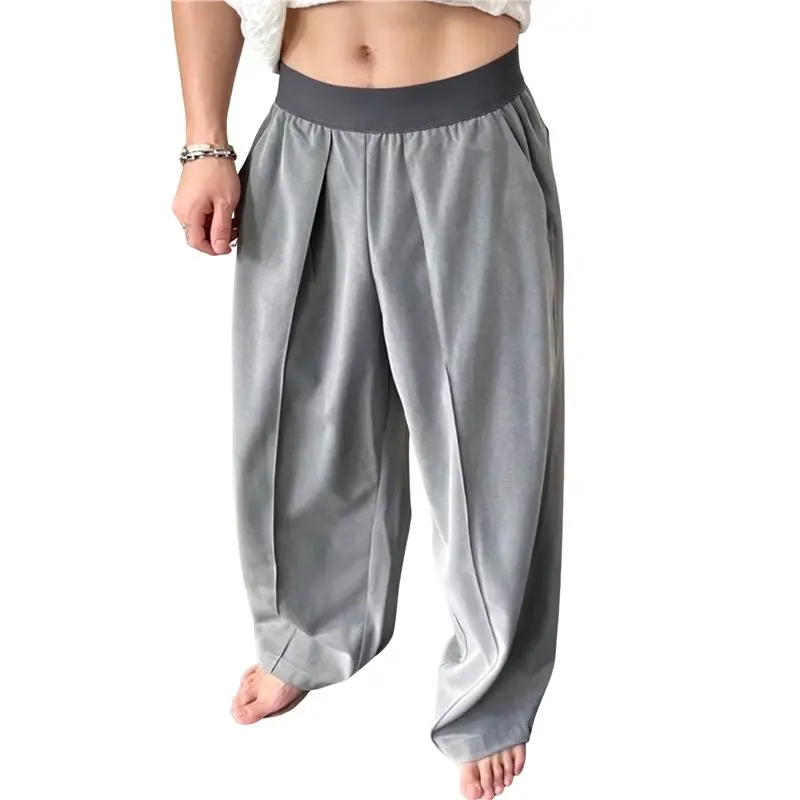 NEW-Men's Elastic Waist Pleated Straight Leg Cropped Pants