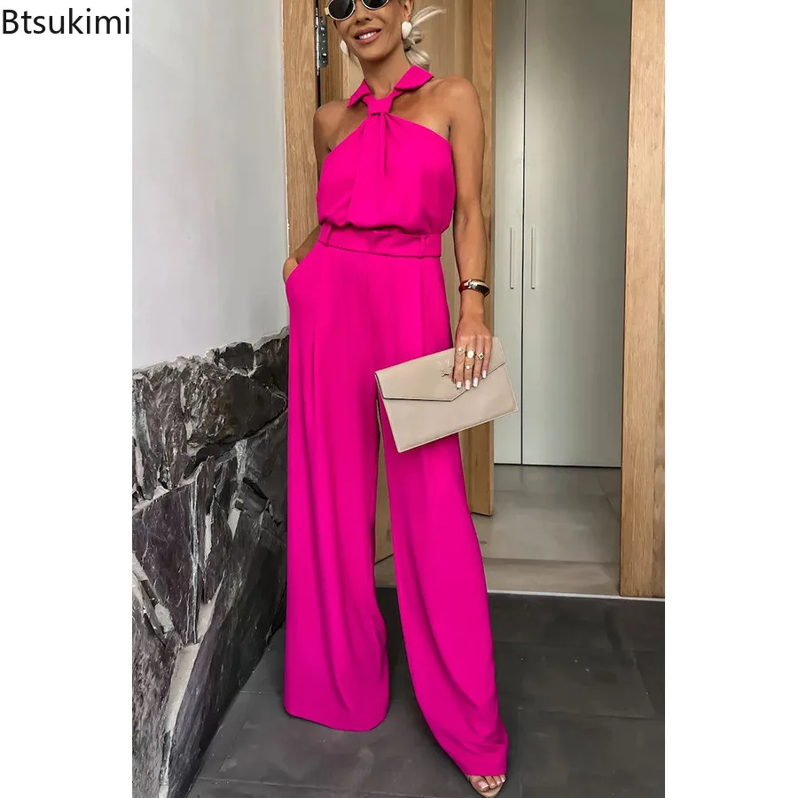 2024 Women Elegant Jumpsuits Fashion Sleeveless High Waist Halter One Piece Wide Leg Pants Summer Casual Vacation Rompers Femme