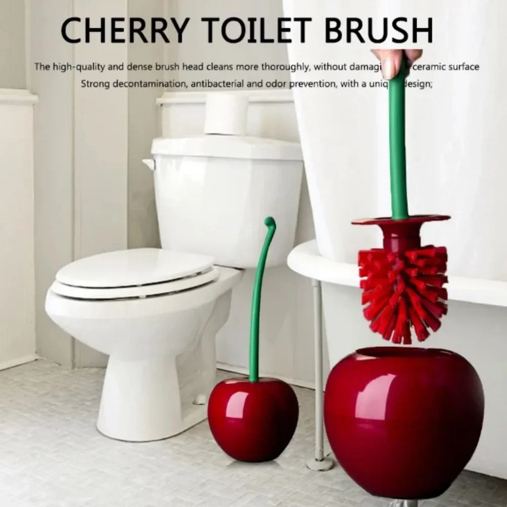 Cherry Shaped Toilet Brush Set, Long Handle, Bathroom Corner Cleaning Brush, Lavatory Toilet Brush Holder Set, Bathroom Cleaning