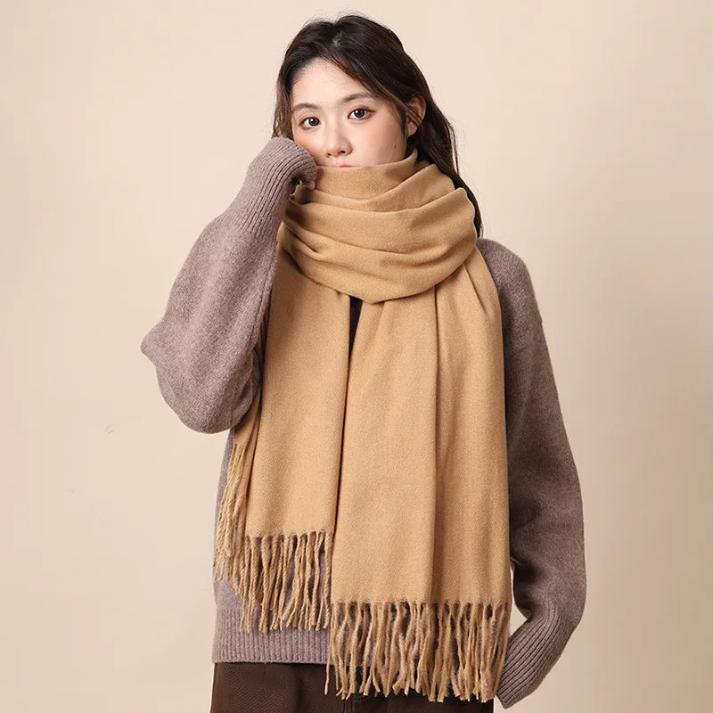 Faux Cashmere Scarf Maillard Solid Color Long Protective Winter Shawl Versatile for Women Men Students