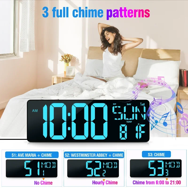 Large Digital Wall Clock 12/24H Adjustable Temperature and Humidity Week Display Brightness Electronic LED Table Alarm Clock