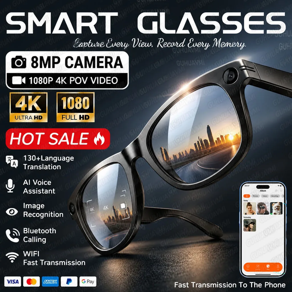 2026 NEW 8MP Camera Travel Vlog Smart Glasses Men 4k POV Video Recording AI Translation Call Music Photochromic Sunglasses Women