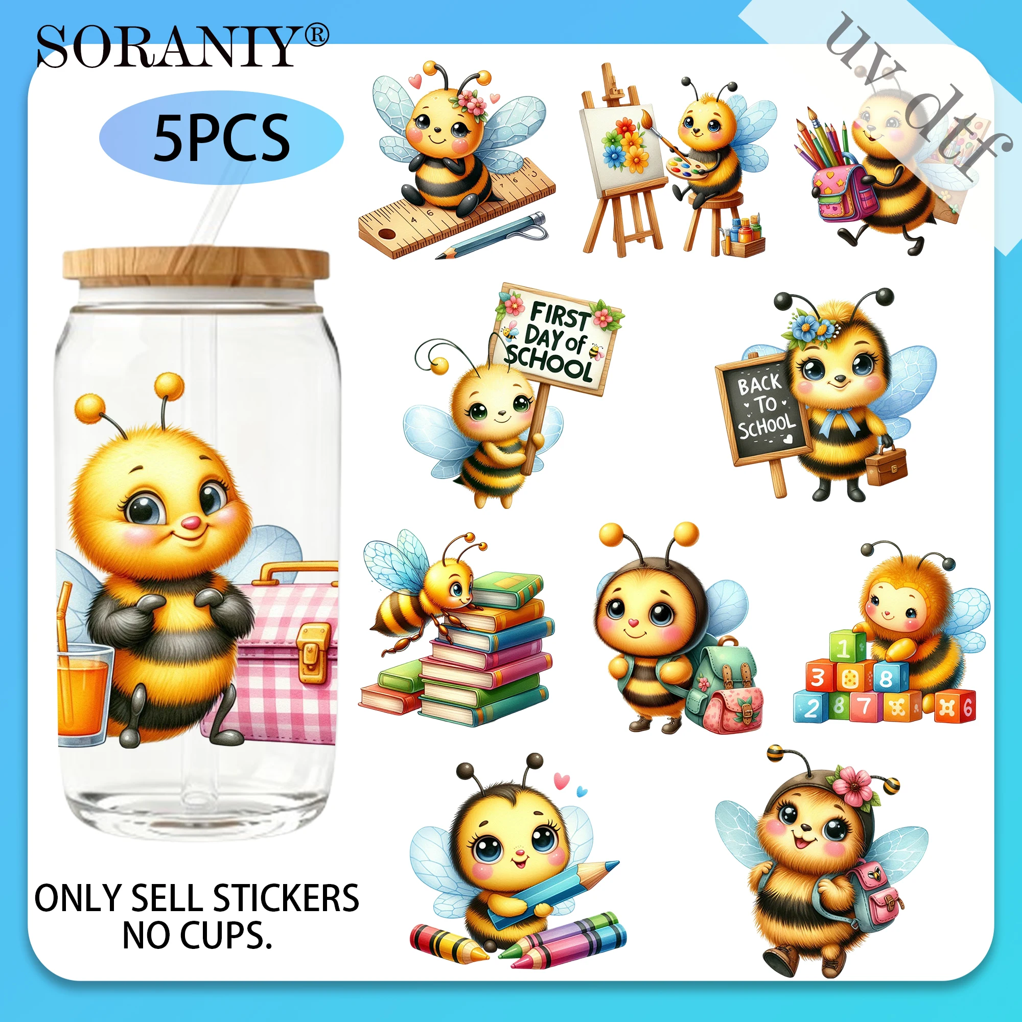 UV DTF 16OZ DIY Transfer Stickers - 5 Pieces/Set Watercolor Back To School Bee Camping Life Theme