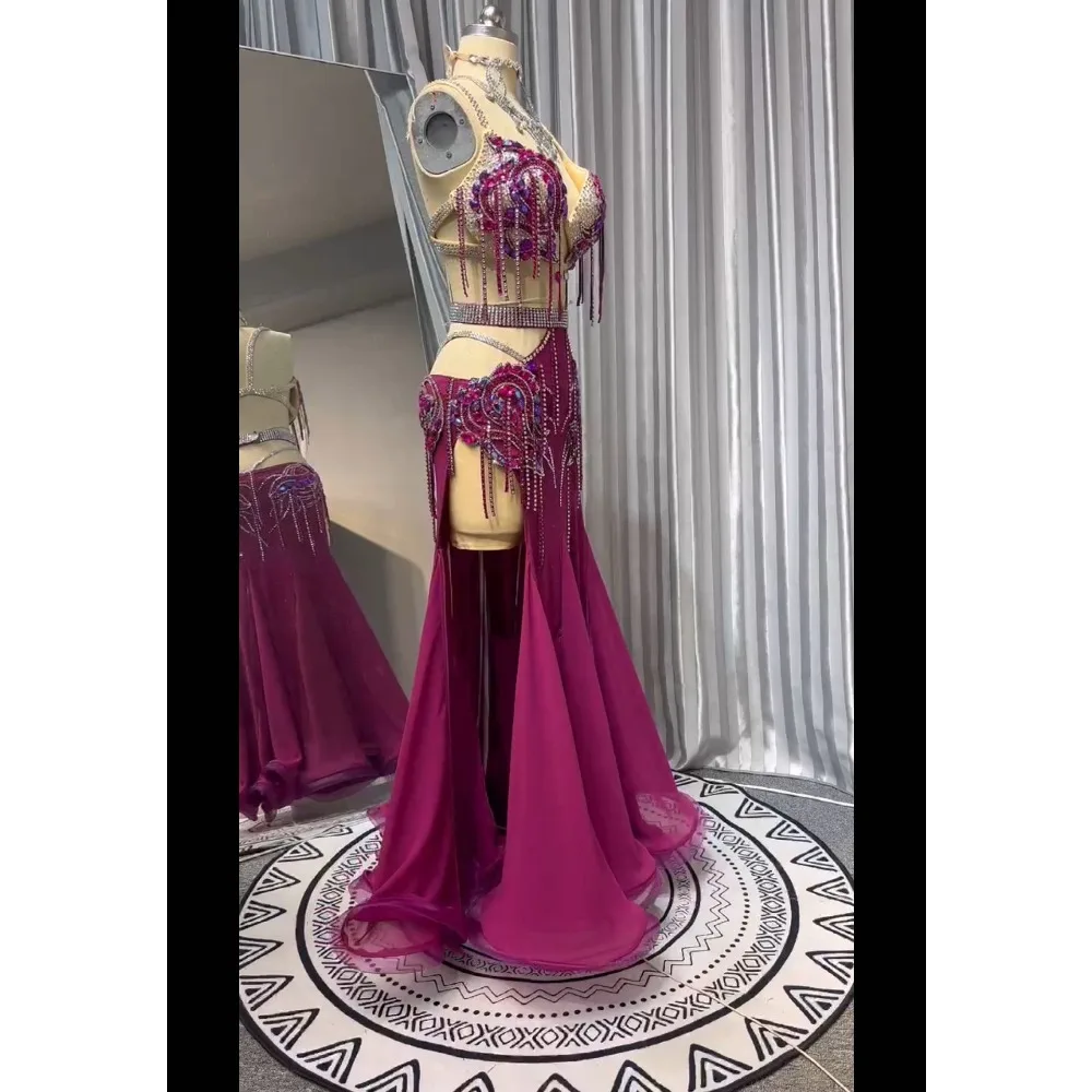 BellyDance Suit Embroidery Diamond Bra Split Fishtail Skirt Performance Set Custom Adult Child Competition Clothing Accessories