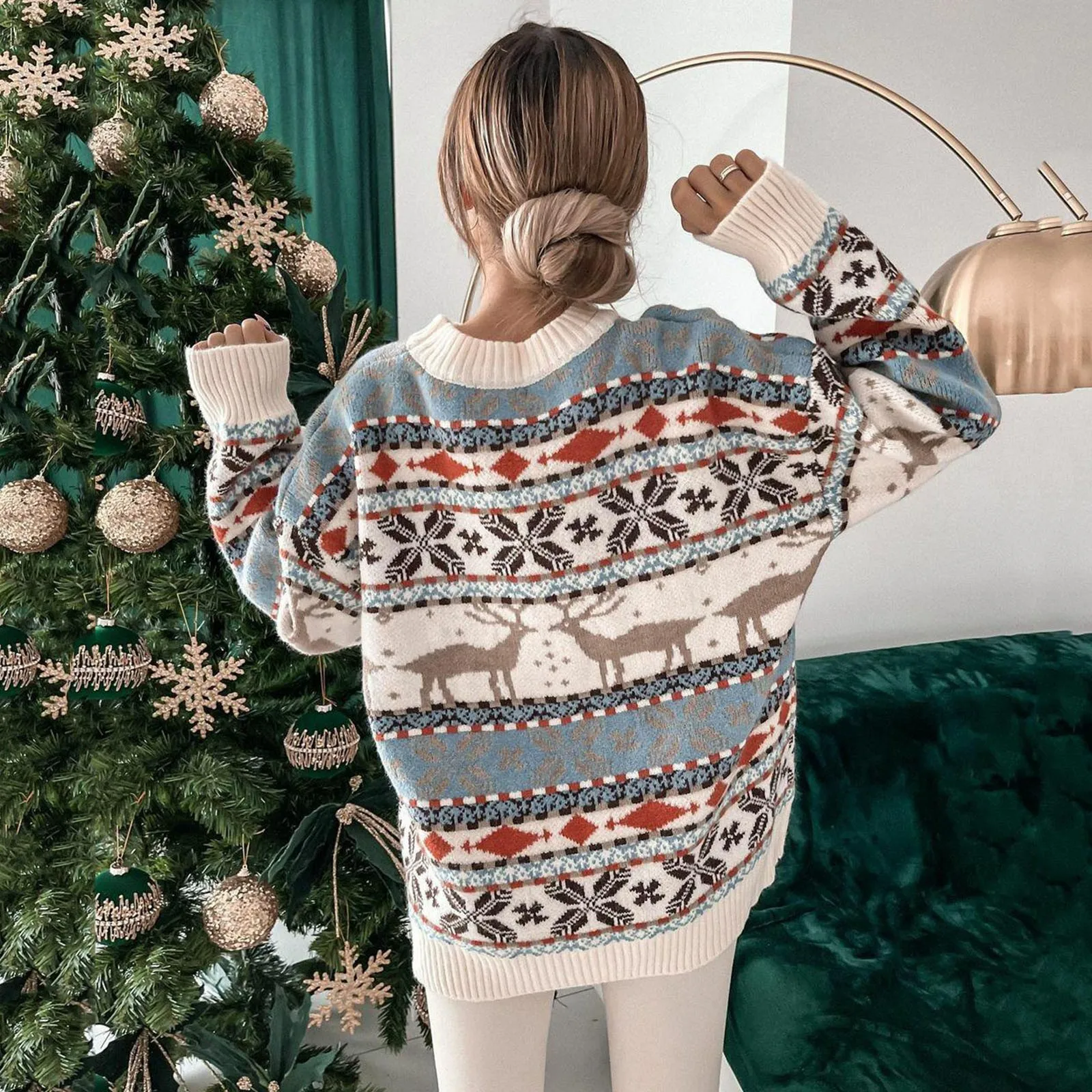 Women\'s Cute Funny Hilarious Christmas Sweater Long Sleeve Round Neck Christmas Pullover Snowflake Reindeer Knitted Top Shirt